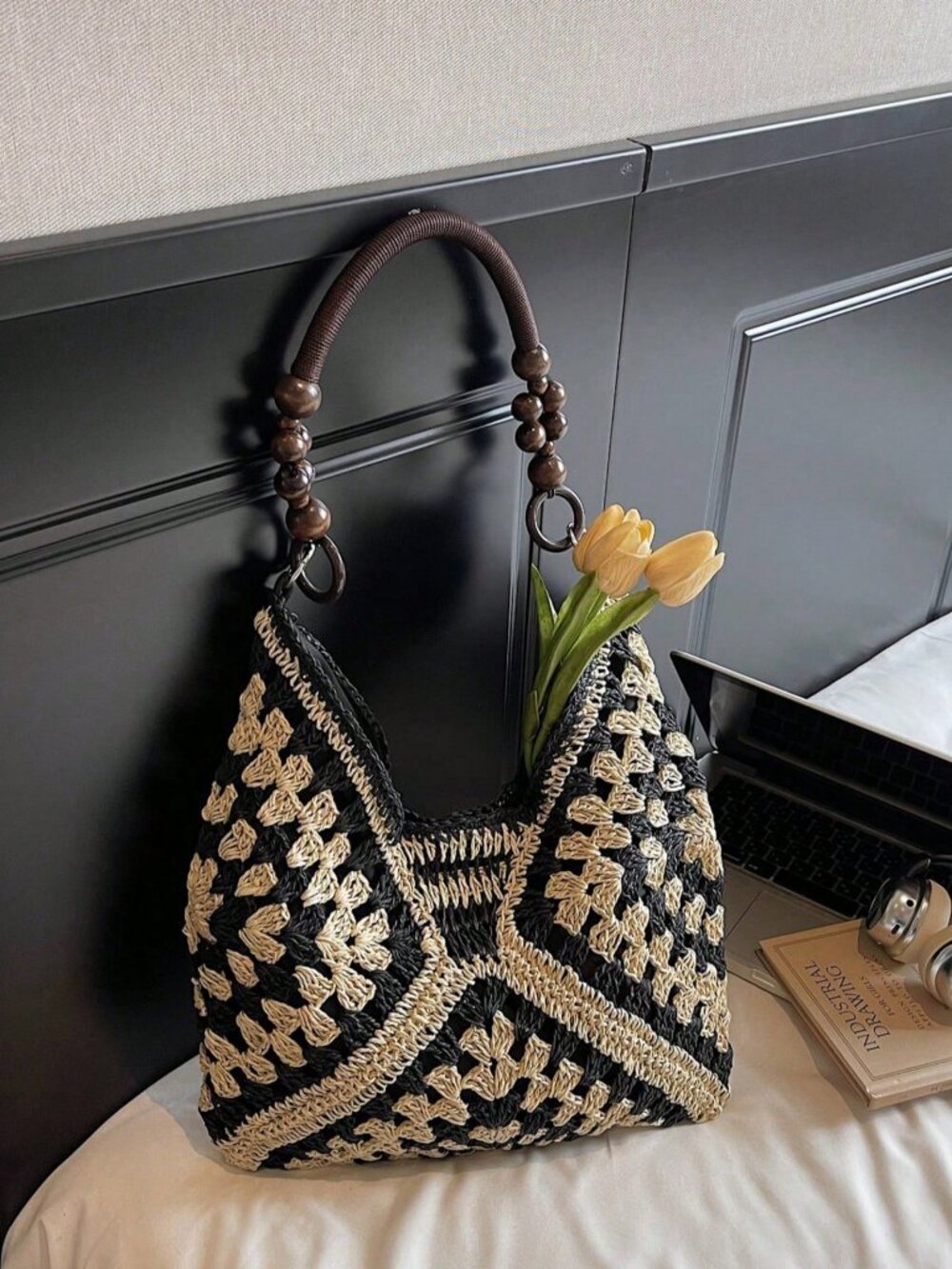 Black Casual Women's Crochet Patchwork Shoulder Bag – - Picture 8 of 8